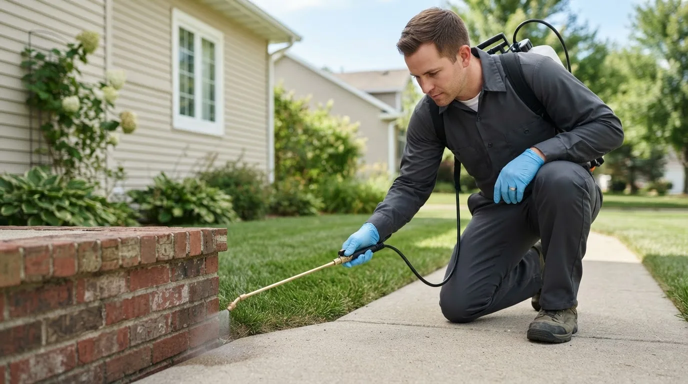 Pest control technician treating a home near Moultonborough, NH